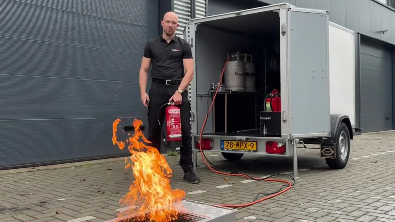 Dennis achter een blusbak tijdens een BHV-training